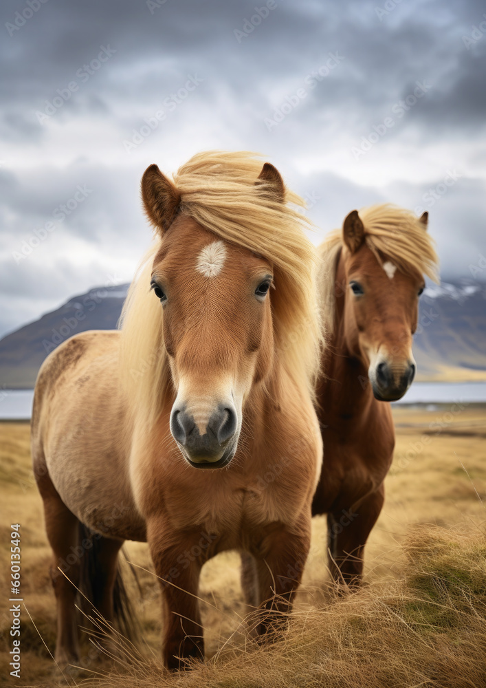 shaggy stocky Icelandic horses stand against a background of grassy hills and plains, animals, mane, pony, breed, north, Iceland, landscape, gait, wildlife, equine, bangs, sky, river shaggy stocky Icelandic horses stand against a background of grassy hills and plains, animals, mane, pony, breed, north, Iceland, landscape, gait, wildlife, equine, bangs, sky, river