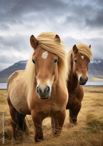 shaggy stocky Icelandic horses stand against a background of grassy hills and plains, animals, mane, pony, breed, north, Iceland, landscape, gait, wildlife, equine, bangs, sky, river © Julia Zarubina