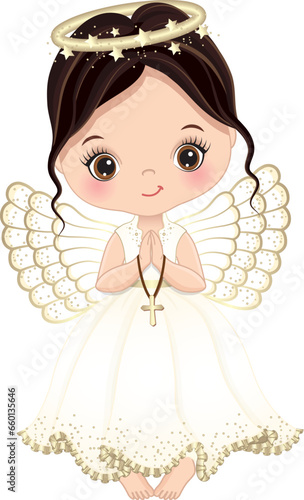 Nativity Cute Angel Girl Holding Cross. Vector Angel Little Girl