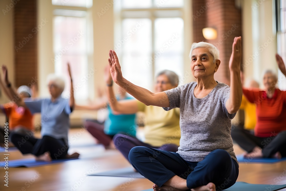 Fototapeta premium elderly woman practicing yoga pose in studio
