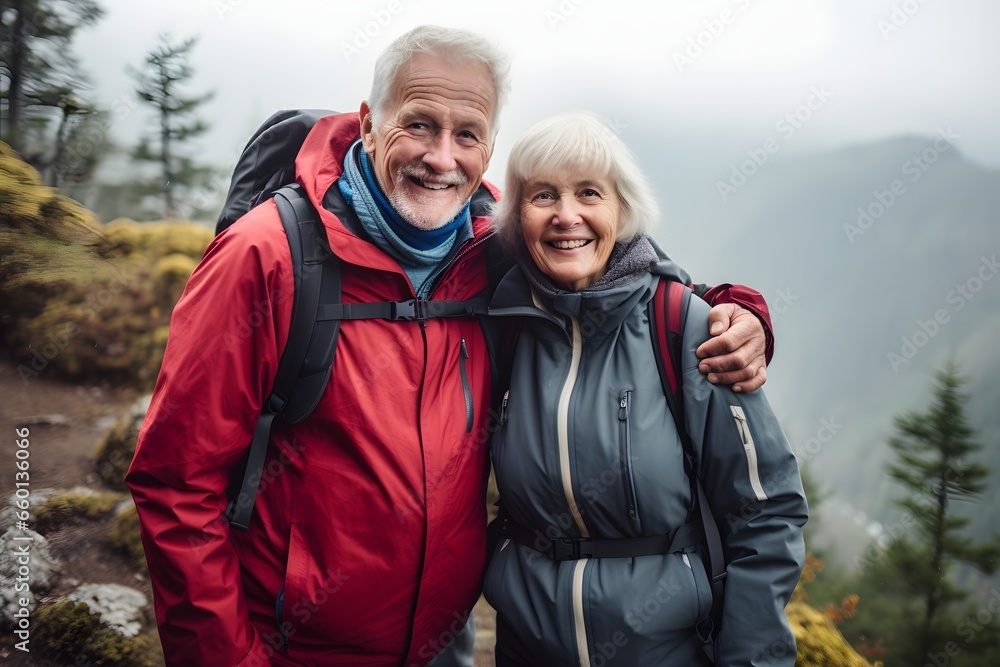 Old couple walking in nature and talk at sunset Old couple walking in nature and talk at sunset