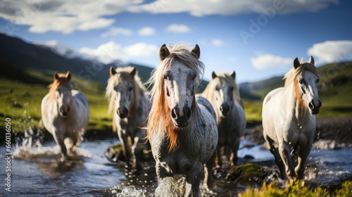 shaggy stocky Icelandic horses stand against a background of grassy hills and plains, animals, mane, pony, breed, north, Iceland, landscape, gait, wildlife, equine, bangs, sky, river