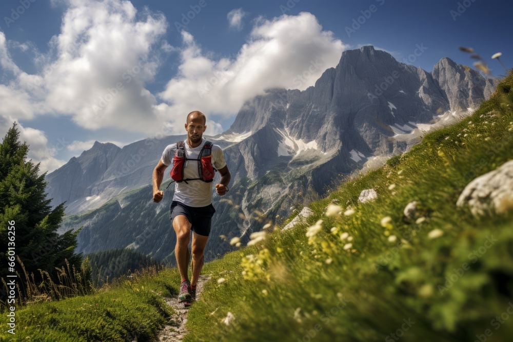 Trail runner runs through mountains with beautiful background, mountain snow peaks and clouds in blue sky.