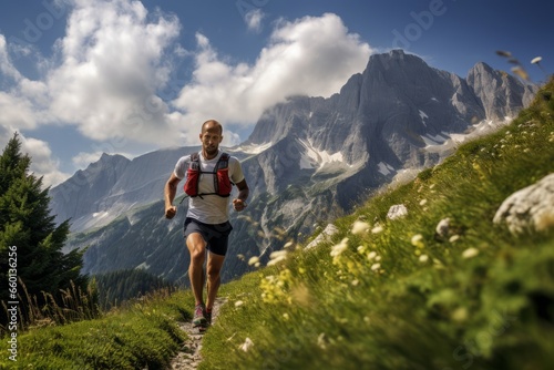 Trail runner runs through mountains with beautiful background, mountain snow peaks and clouds in blue sky.