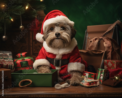 Dogs as Christmas gift, dogs under the christmas tree with gifts and decoration, celebrating Christmas with a Yorkshire terrier