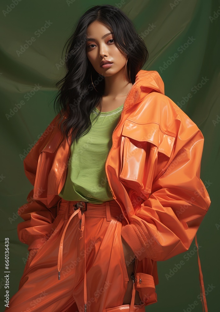Fototapeta premium Asian girl model wearing an oversized jacket. Green, orange, mustard color outfits. Spring Summer fashion collection.