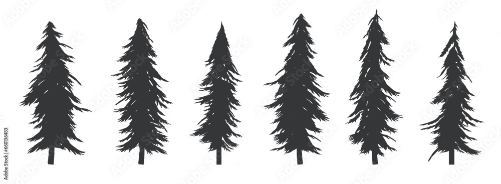 Detailed vector trees - Collection of tree designs in the style of fir and pine. Flat design silhouette in black colour on white background - obrazy, fototapety, plakaty 