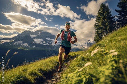Trail runner runs through mountains with beautiful background, mountain snow peaks and clouds in blue sky. © Nikola