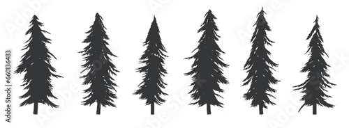 Detailed vector trees - Collection of tree designs in the style of fir and pine. Flat design silhouette in black colour on white background