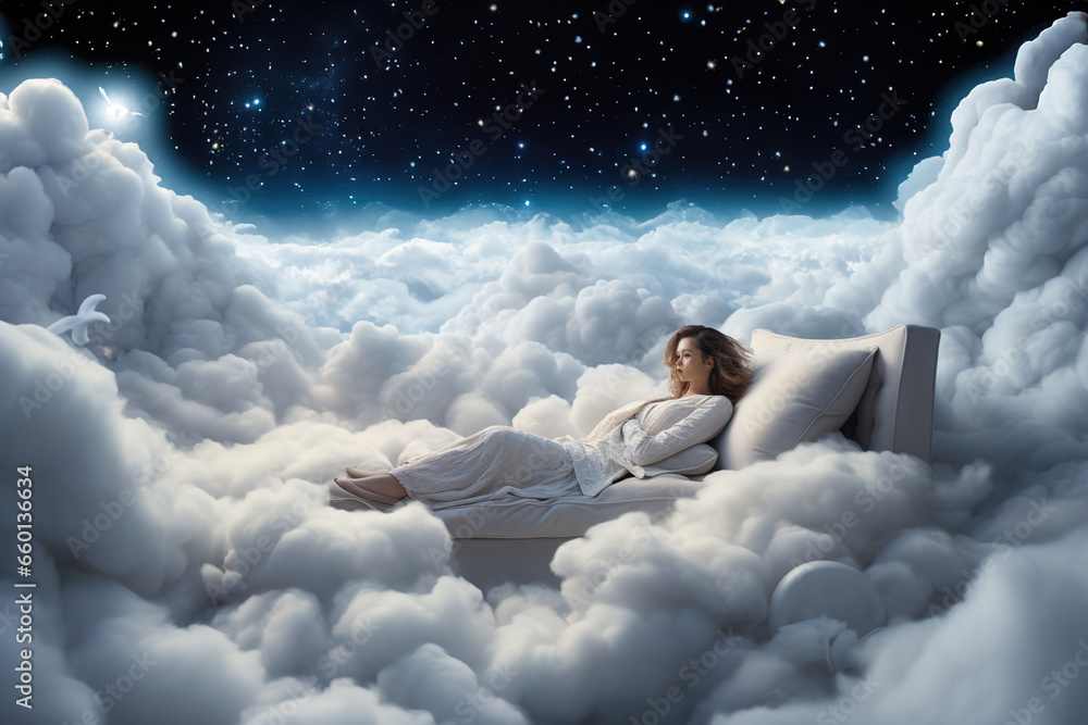 Woman sleep floating on a bed in a dreamy cloud-filled sky. - obrazy, fototapety, plakaty 