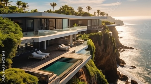 A modern cliffside villa and infinity pool with cantilevered architecture.