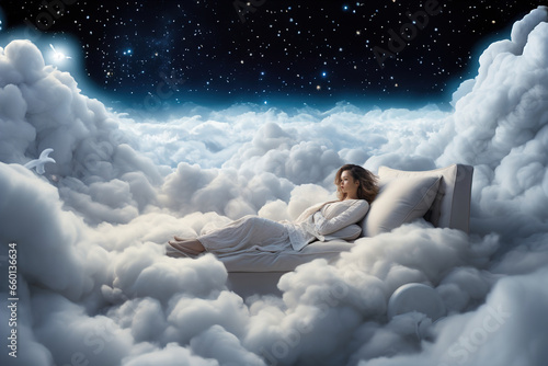 Woman sleep floating on a bed in a dreamy cloud-filled sky. photo