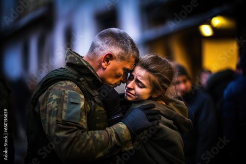 Support of the military. Soldier hugs crying young woman. Serious soldier express condolence, sympathy, help, say goodbye to his family