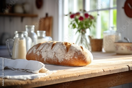 A freshly baked loaf of bread on a wooden table, with a jug of milk and flowers in the background.