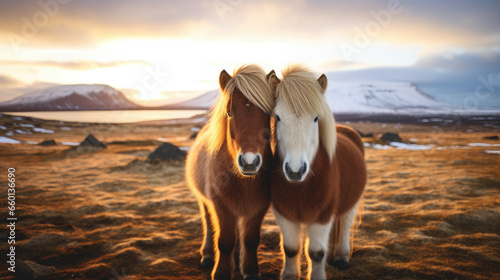 shaggy stocky Icelandic horses stand against a background of grassy hills and plains, animals, mane, pony, breed, north, Iceland, landscape, gait, wildlife, equine, bangs, sky, river photo