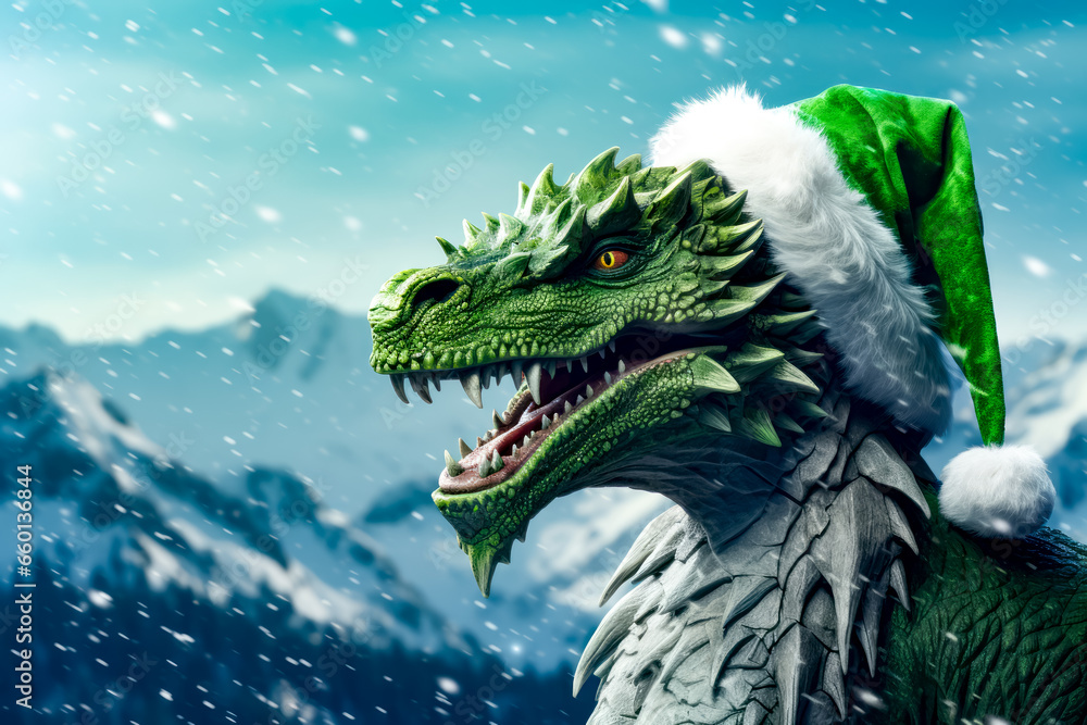 Naklejka premium Close up of dragon wearing santa claus hat in the snow.