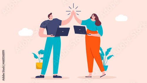 High five for good job - Two people characters clapping hands for teamwork and job well done. Flat design cartoon vector illustration