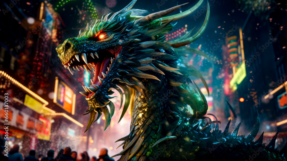 Close up of dragon on city street with fireworks in the background. Close up of dragon on city street with fireworks in the background.
