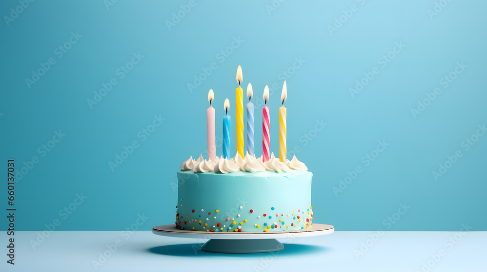 birthday cake with 6 (six) candles on pastel blue background with copy ...