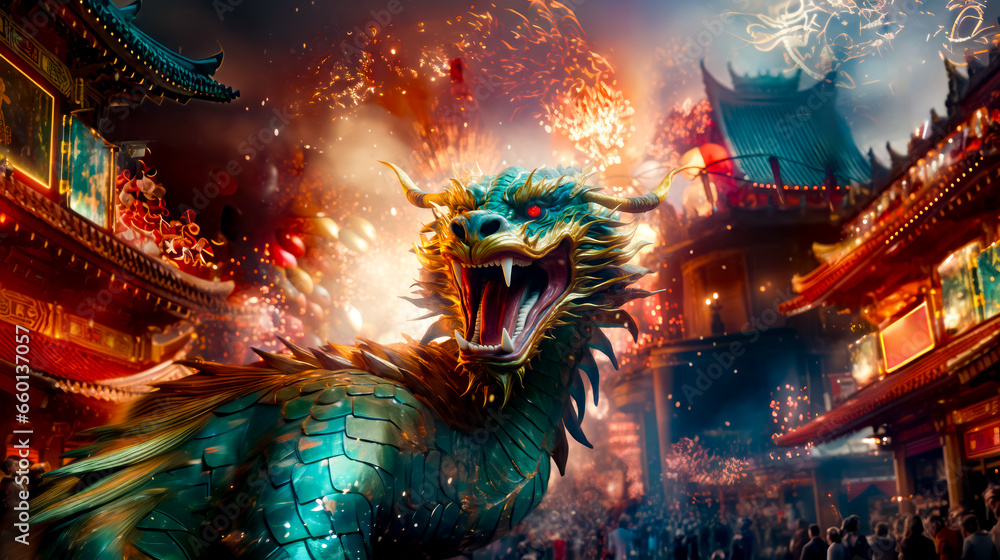 Dragon with its mouth open in front of crowd of people and fireworks. Dragon with its mouth open in front of crowd of people and fireworks.