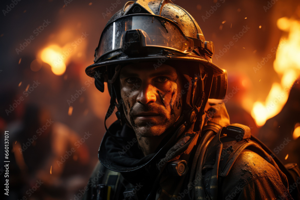 A firefighter risking their life to save others in a burning building, embodying the moral duty of first responders. Concept of bravery and sacrifice. Generative Ai.