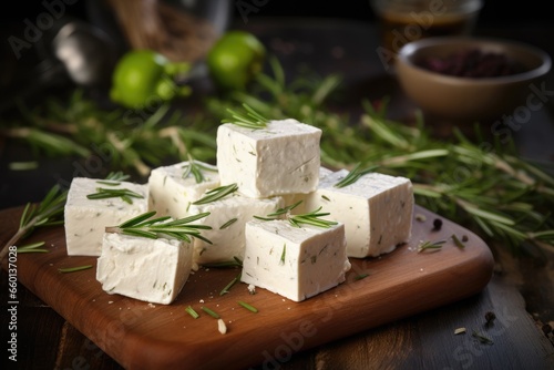 Cubed feta cheese with rosemary on a wooden board.