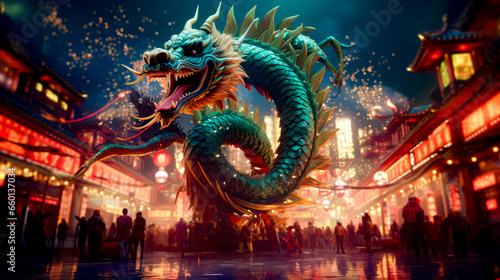Dragon statue in front of cityscape with fireworks in the sky.