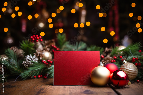 Concept blank greeting card on a wooden surface surrounded by Christmas tree branches and holiday decorations against a backdrop of bright lights and bokeh.