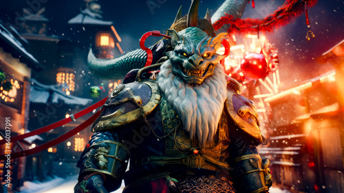 Character in video game with dragon on his head and demon on his shoulder.