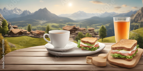 Breakfast with coffee and sandwiches on wooden table. 3d rendering