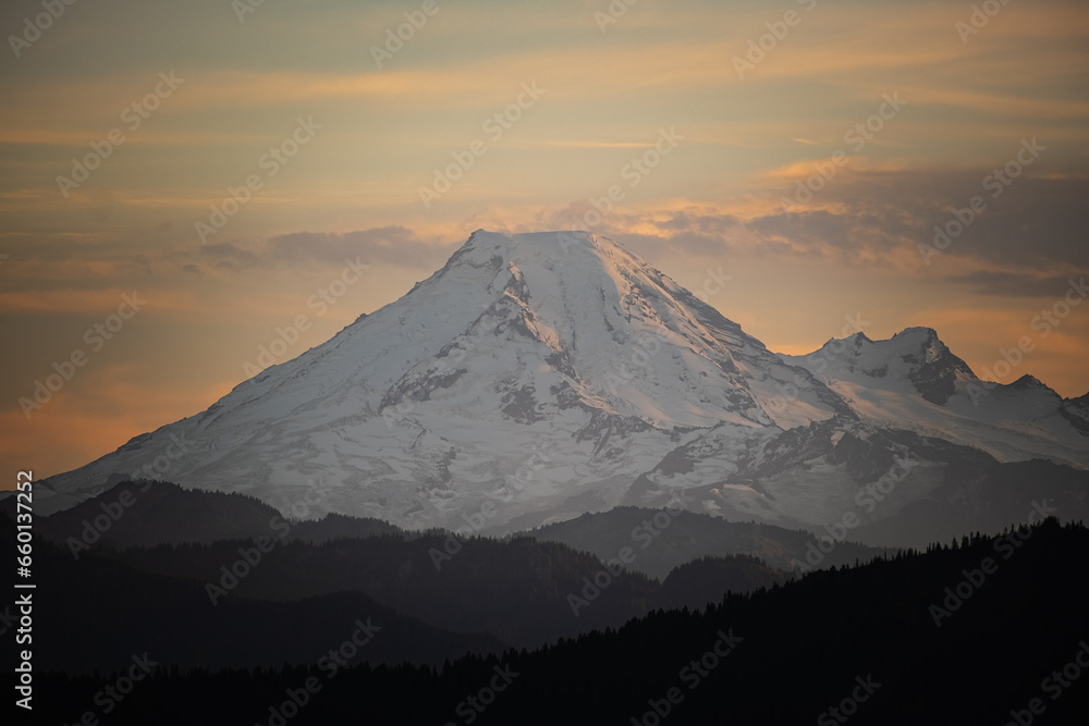 Image of Mt. Baker in the Cascade Range mountains, WA, USA. Sunset on Mount Baker creating a beautiful alpenglow