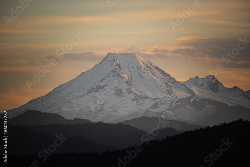 Image of Mt. Baker in the Cascade Range mountains, WA, USA. Sunset on Mount Baker creating a beautiful alpenglow photo
