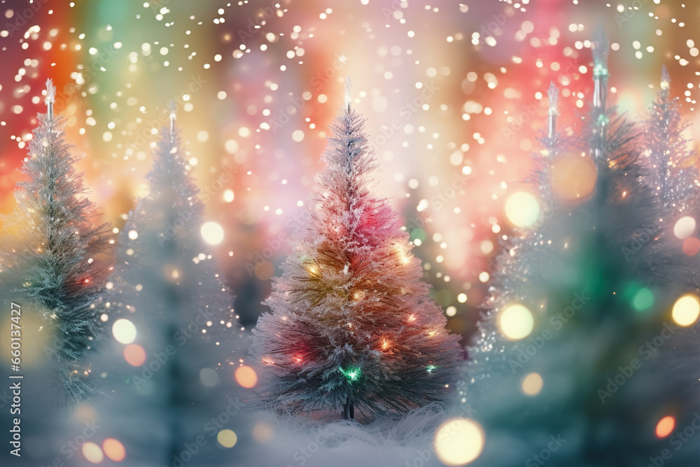 Christmas tree with decorations on a bright background with multi-colored bokeh.