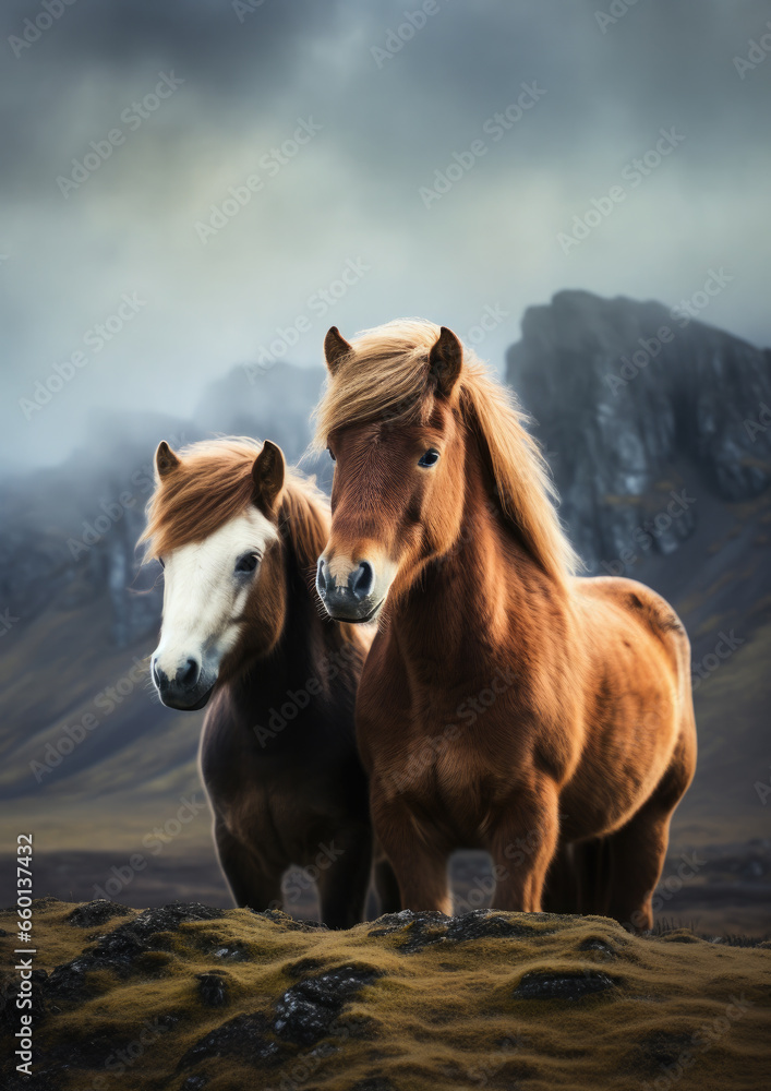 Fototapeta premium shaggy stocky Icelandic horses stand against a background of grassy hills and plains, animals, mane, pony, breed, north, Iceland, landscape, gait, wildlife, equine, bangs, sky, river