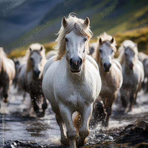shaggy stocky Icelandic horses stand against a background of grassy hills and plains  animals  mane  pony  breed  north  Iceland  landscape  gait  wildlife  equine  bangs  sky  river