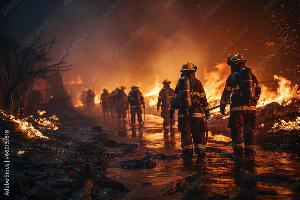 A group of firefighters standing in front of a fire. A group of firefighters standing in front of a fire.