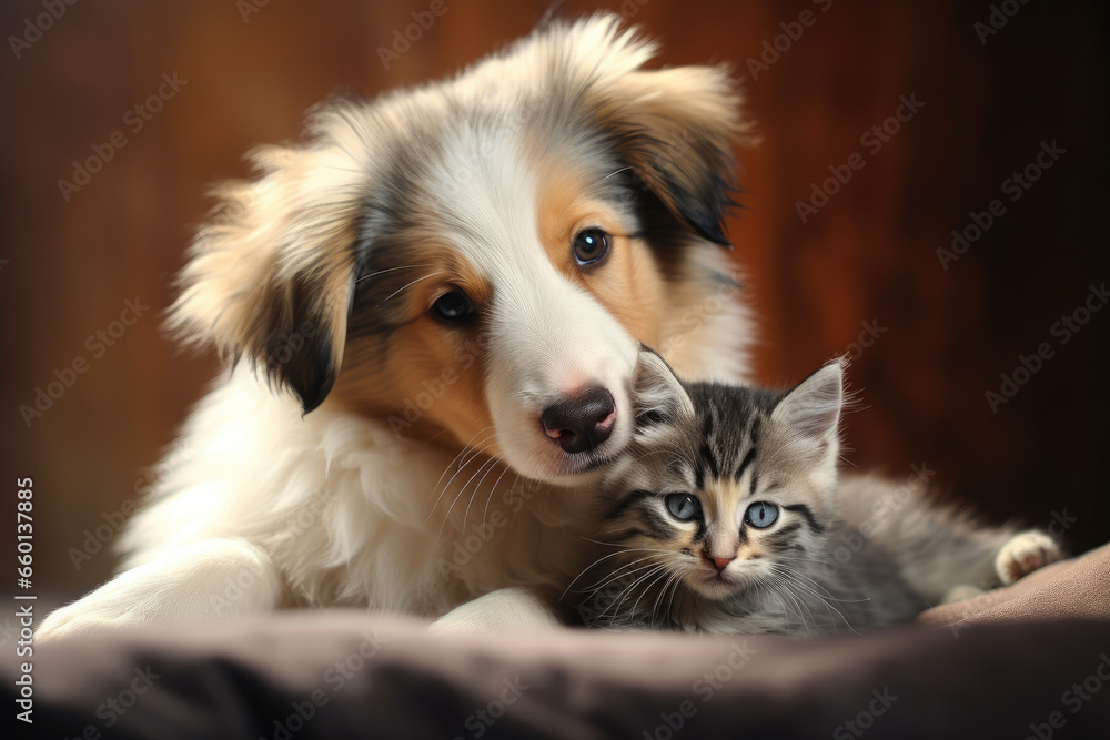 Cute puppy and kitten plying together