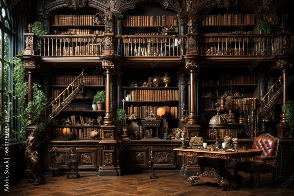 An antique library with floor-to-ceiling shelves filled with old leather-bound books, reminiscent of literary classics. Concept of intellectual heritage. Generative Ai.