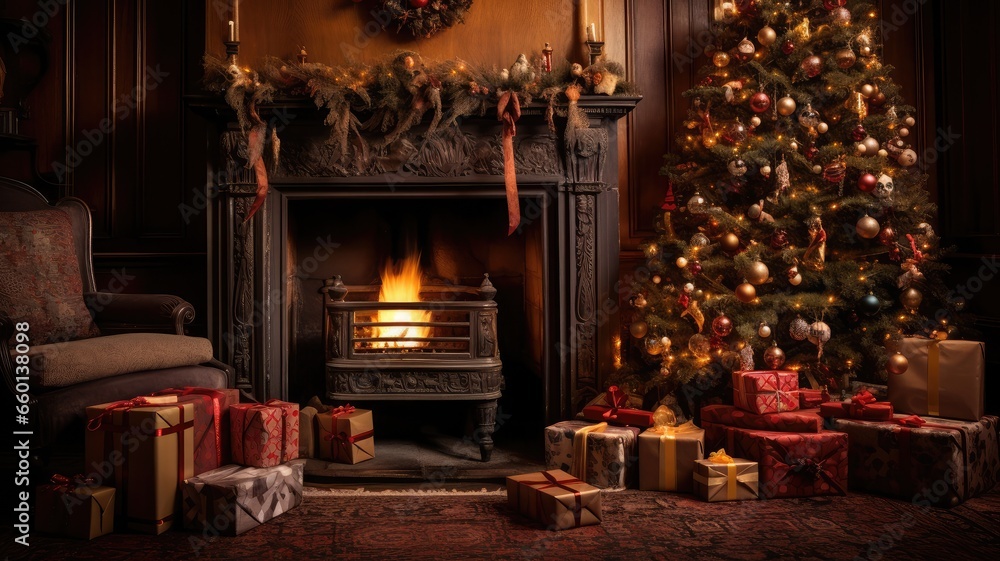 Fototapeta premium Christmas postcard with fireplace and Christmas tree