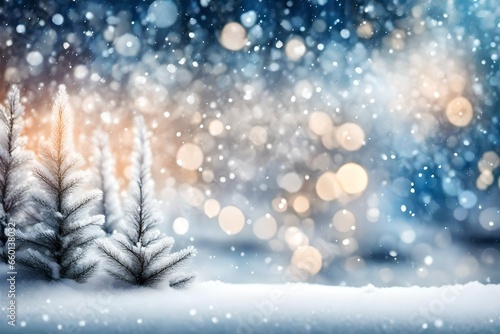 Christmas winter background with snow and blurred bokeh.Merry christmas and happy new year greeting card with copy-space. © usman