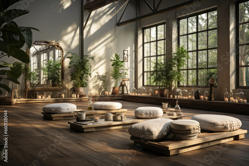 A tranquil yoga studio with soft lighting  mats  and props  inviting practitioners to find inner peace and mindfulness. Concept of yoga sanctuary. Generative Ai.