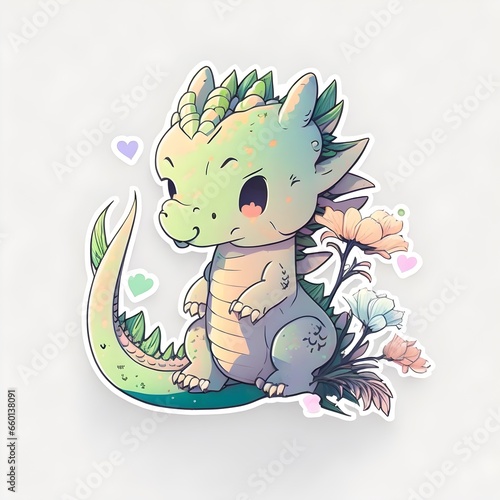 cute dragon sticker art design kawaii illustration white background flat colors simple lines gorgeous lighting graphic novel style 2d painting ink painting style trending on art station digital art 