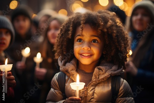 A procession of children and adults, each holding a candle and singing traditional St. Lucia's Day songs, celebrating the festival of light. Generative Ai.