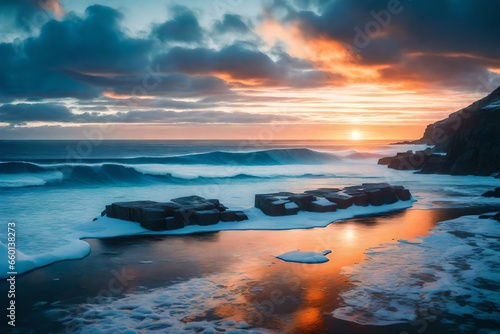 image of a winter sunset over a serene ocean  with the sun casting a warm  golden glow across the icy waters. 