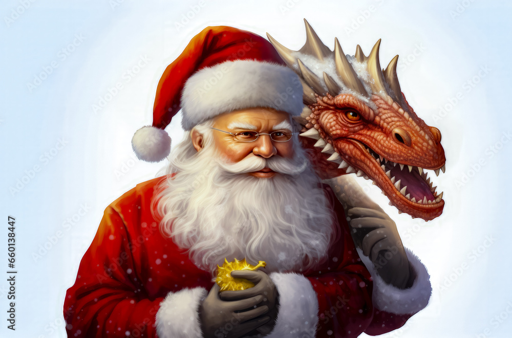 Painting of santa claus next to dragon with christmas hat. Painting of santa claus next to dragon with christmas hat.