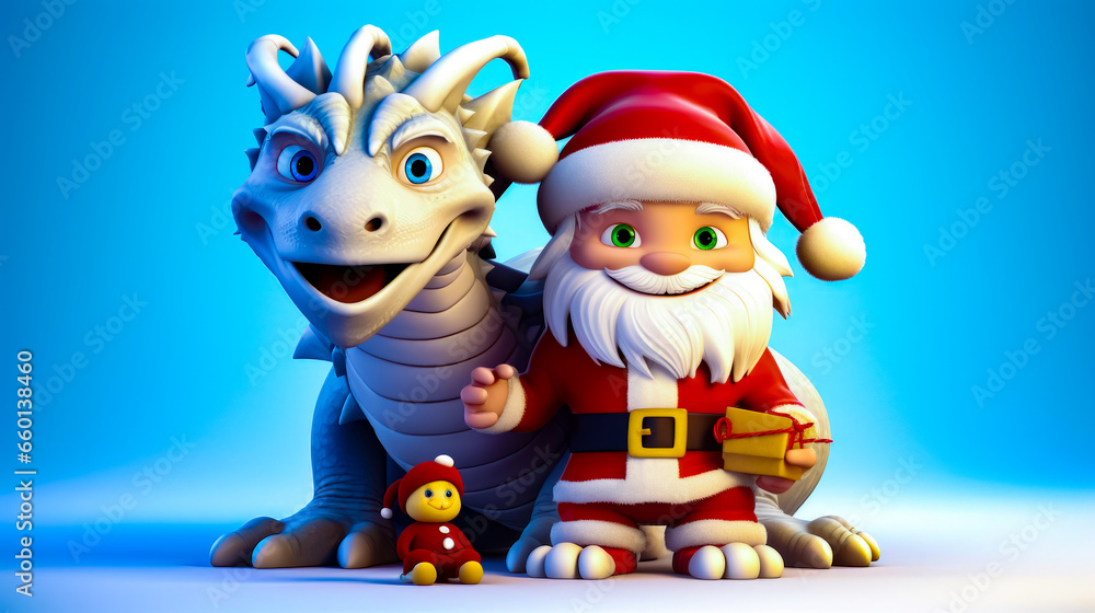 Cartoon christmas scene with dragon and man dressed as santa claus.