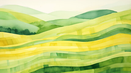 Tableau sur plexiglas Jaune Abstract green landscape with hills and mountains. Watercolor organic green curved lines of field or meadow in summer. Wallpaper background illustration.  © Tanuha