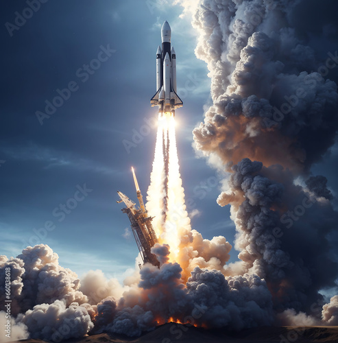 Journey to the Stars.Rocket Launch from Space with Fire and Smoke. Generative Ai