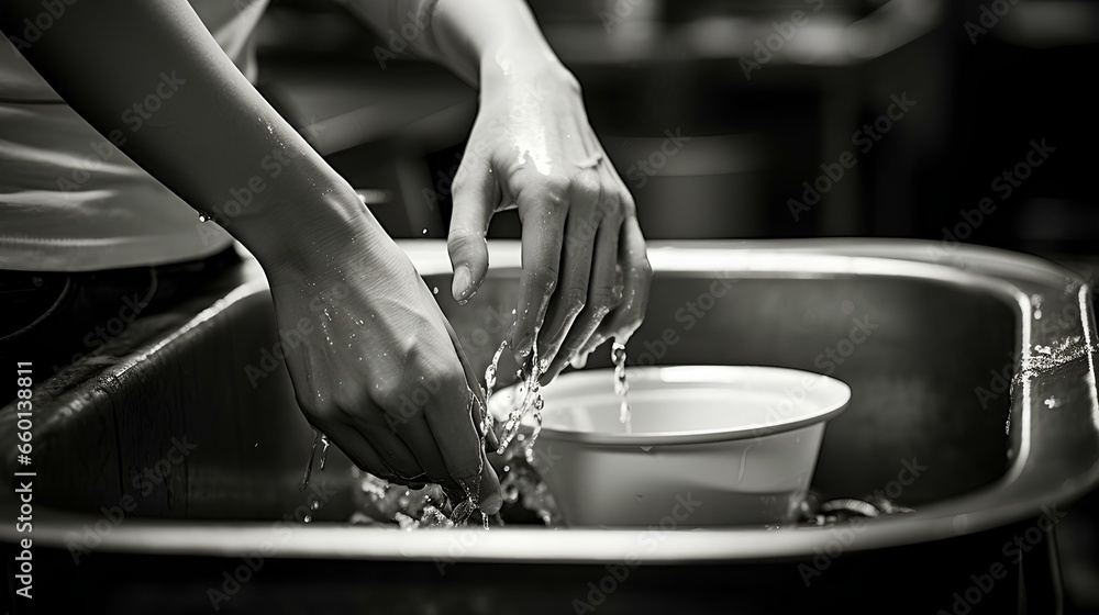 Hands washing dishes at a kitchen sink. cleanliness and hygiene in daily life. generative AI - obrazy, fototapety, plakaty 