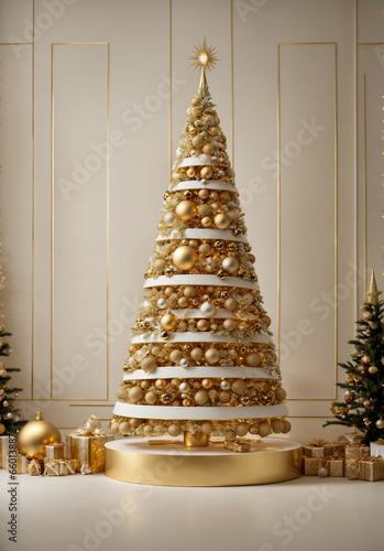 Modern twist on the traditional Christmas tree, with sleek and minimalist design, featuring silver and gold balls. Merry Christmas and Happy New Year. Generative AI